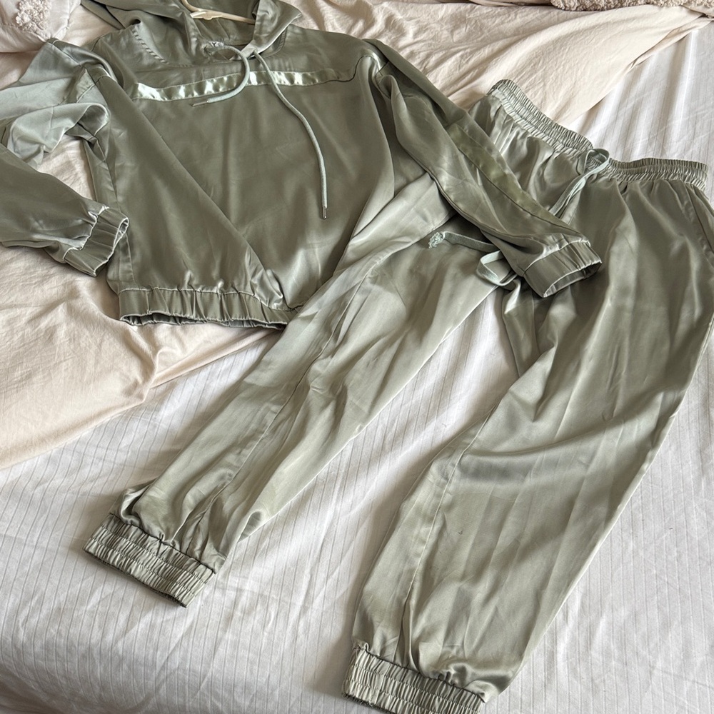 Women's Satin Jogger Set in Sage Green